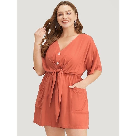 2/$25 Size 14 - 16 • 1x BloomChicCoral Pocket Button Belted Knotted Front Romper - Picture 1 of 8